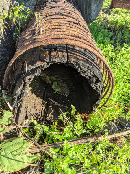 Wooden Stave Pipe, used for both water and sewer lines.